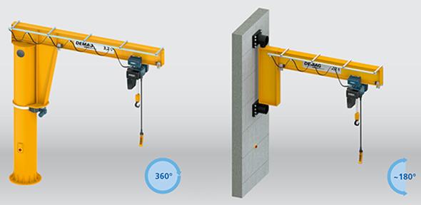 Pillar and wall-mounted slewing jib cranes with I-beam jib, low-headroom design