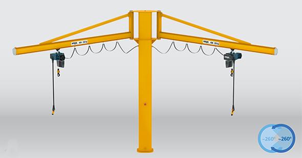 Pillar and wall-mounted slewing jib cranes with two KBK jibs, braced design