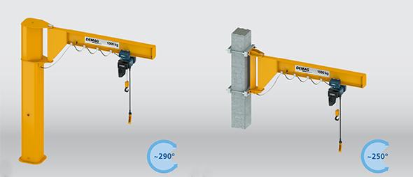Pillar and wall-mounted slewing jib cranes with I-beam jib, low-headroom design