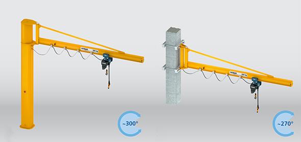 Pillar and wall-mounted slewing jib cranes with I-beam jib, braced design