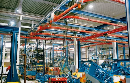 Systemlösung mit Bahnen und Kranen aus KBK II-Profilen und Weichen im Maschinen- und Anlagenbau
