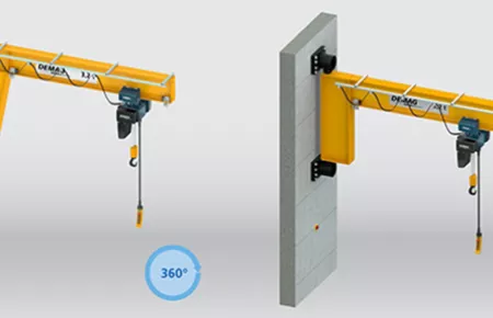 Pillar and wall-mounted slewing jib cranes with I-beam jib, low-headroom design