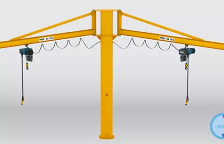 Pillar and wall-mounted slewing jib cranes with two KBK jibs, braced design